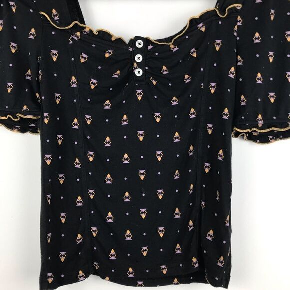 Free People Black Boho Peasant Blouse with Geometric Floral Print - Picture 6 of 10